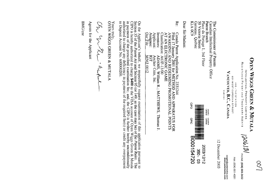 Document de brevet canadien 2331244. Poursuite-Amendment 20021212. Image 1 de 1