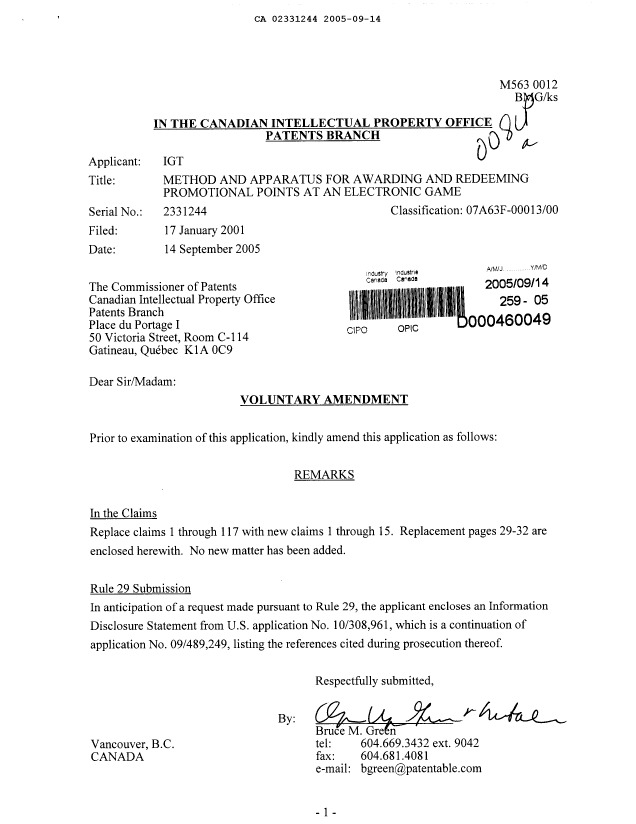 Canadian Patent Document 2331244. Prosecution-Amendment 20041214. Image 1 of 5