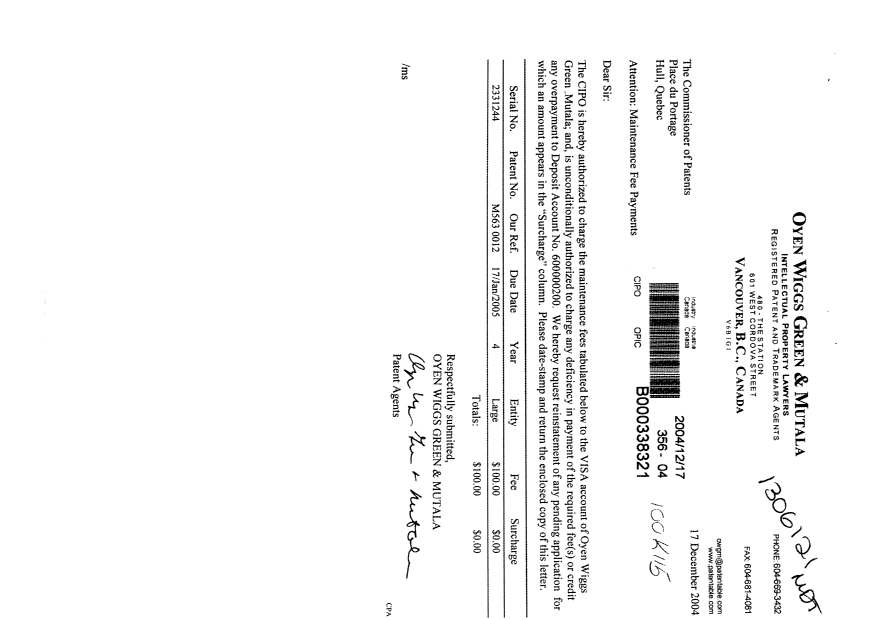 Document de brevet canadien 2331244. Taxes 20041217. Image 1 de 1