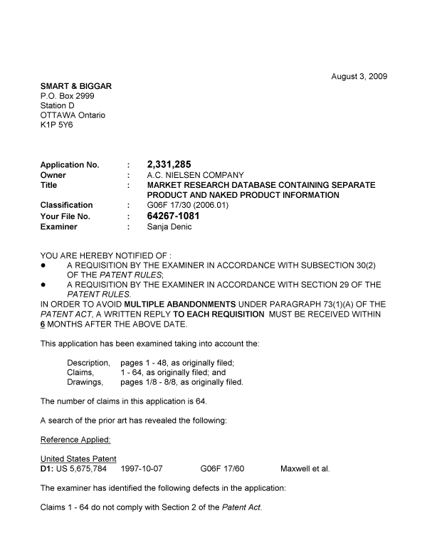 Canadian Patent Document 2331285. Prosecution-Amendment 20090803. Image 1 of 3