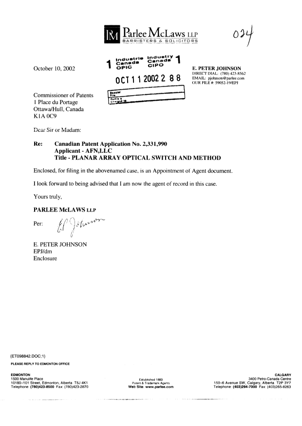Document de brevet canadien 2331990. Correspondance 20021011. Image 1 de 2