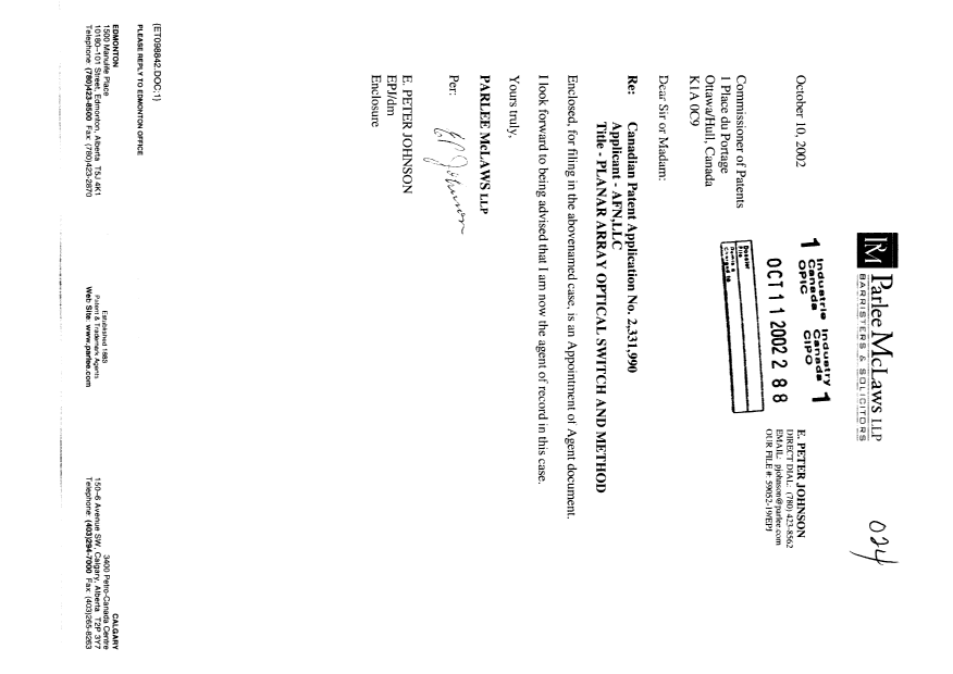 Canadian Patent Document 2331990. Correspondence 20021011. Image 1 of 2