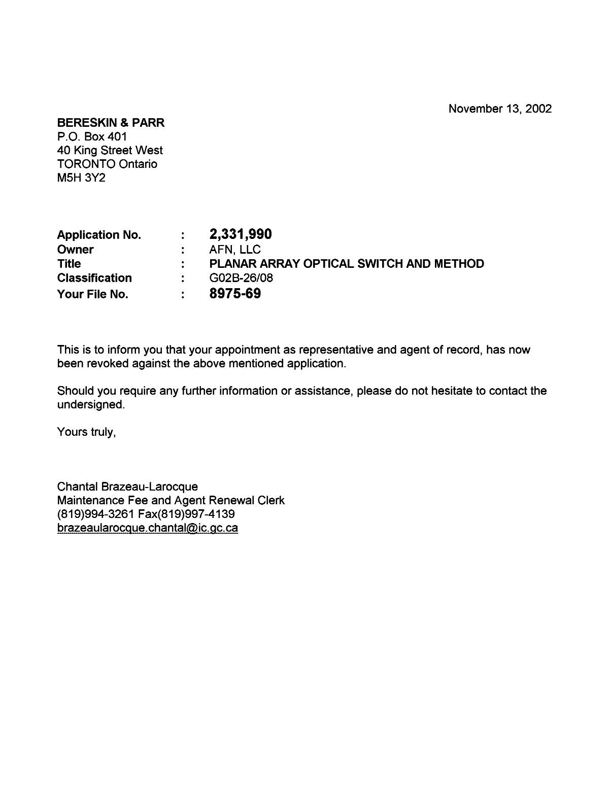 Canadian Patent Document 2331990. Correspondence 20021113. Image 1 of 1
