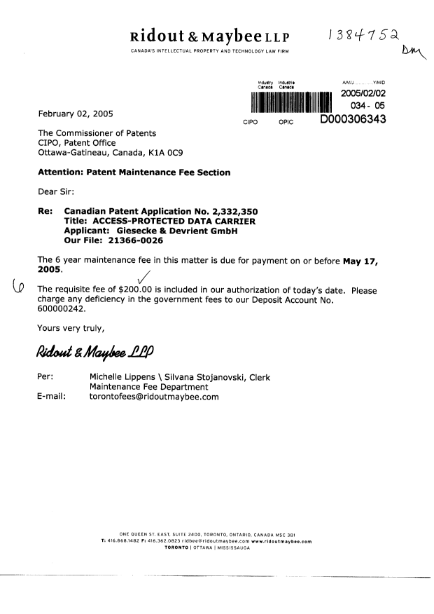 Document de brevet canadien 2332350. Taxes 20050202. Image 1 de 1
