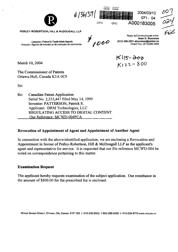 Canadian Patent Document 2332447. Prosecution-Amendment 20031210. Image 1 of 2
