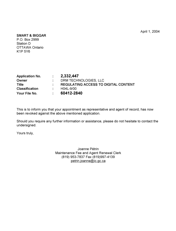 Document de brevet canadien 2332447. Correspondance 20040401. Image 1 de 1