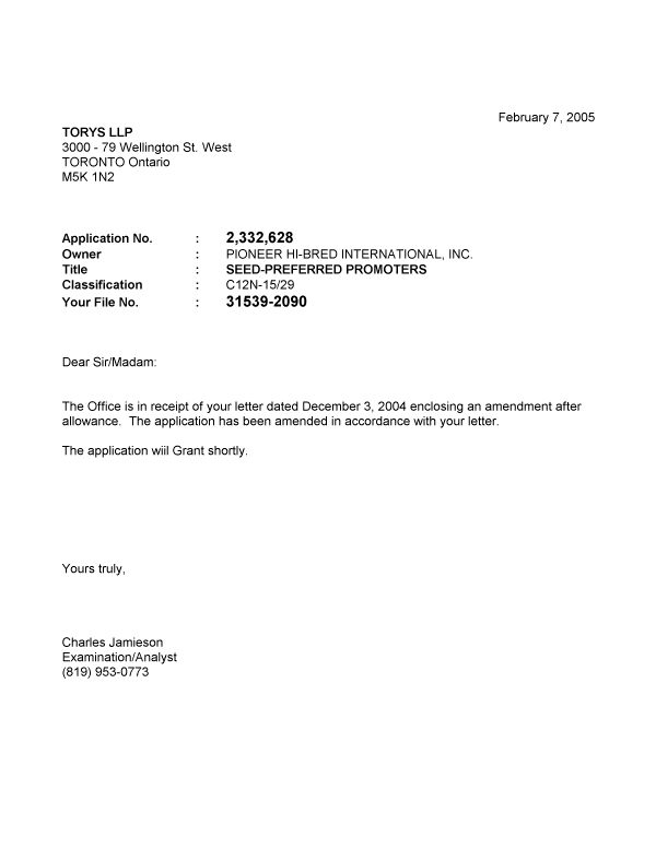 Document de brevet canadien 2332628. Correspondance 20050207. Image 1 de 1