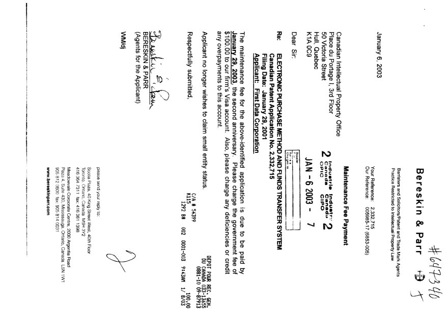 Canadian Patent Document 2332715. Fees 20030106. Image 1 of 1