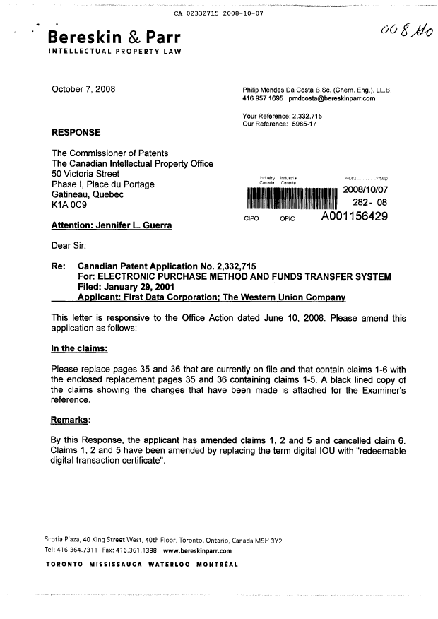 Canadian Patent Document 2332715. Prosecution-Amendment 20081007. Image 1 of 7