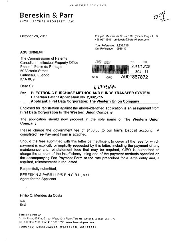 Document de brevet canadien 2332715. Cession 20111028. Image 1 de 6