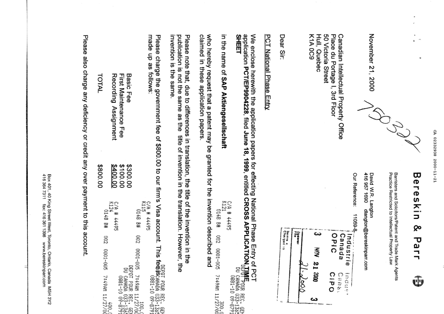 Canadian Patent Document 2332938. Assignment 20001121. Image 1 of 7