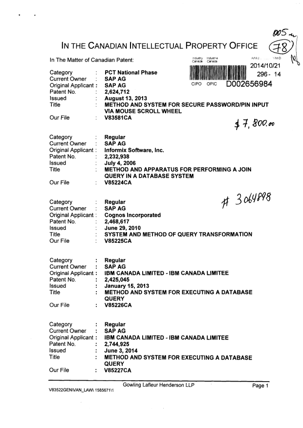 Canadian Patent Document 2332938. Assignment 20141021. Image 1 of 25
