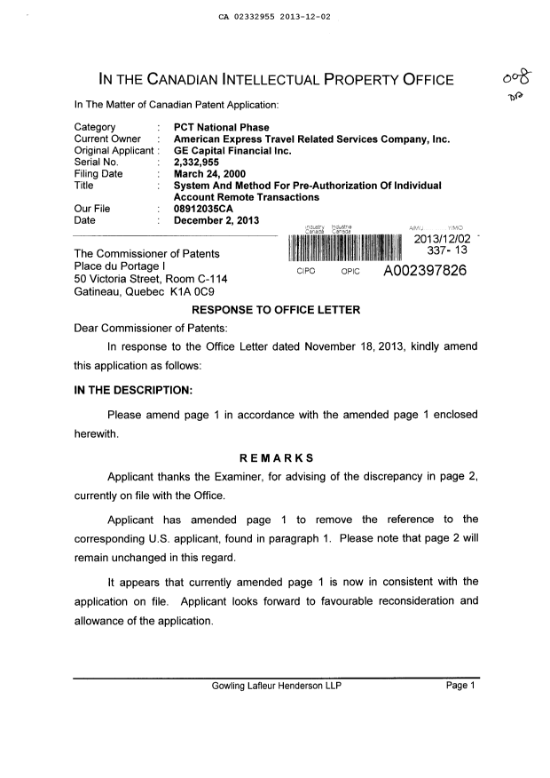 Document de brevet canadien 2332955. Poursuite-Amendment 20131202. Image 1 de 4