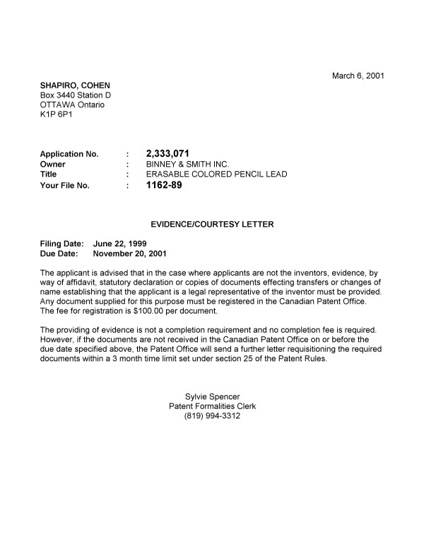 Document de brevet canadien 2333071. Correspondance 20010228. Image 1 de 1