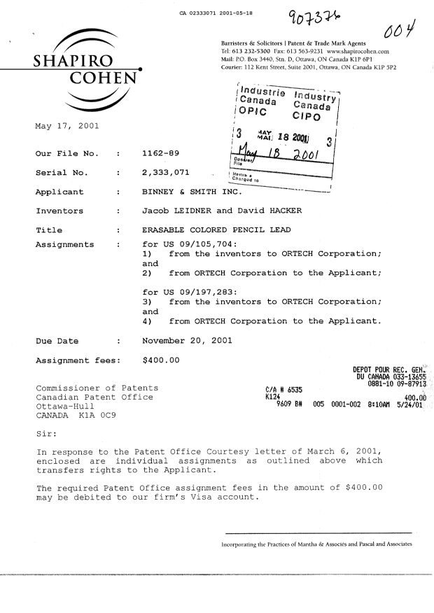 Document de brevet canadien 2333071. Cession 20010518. Image 1 de 14