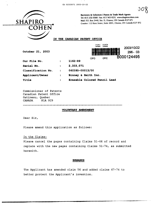 Document de brevet canadien 2333071. Poursuite-Amendment 20031022. Image 1 de 8