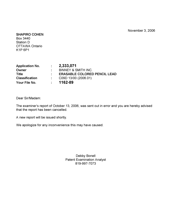Document de brevet canadien 2333071. Correspondance 20061103. Image 1 de 1