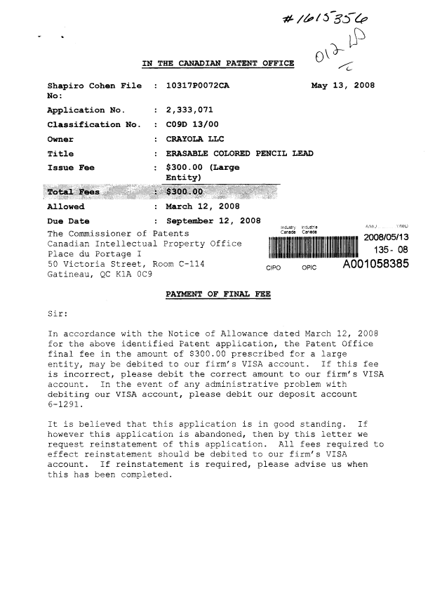 Canadian Patent Document 2333071. Correspondence 20080513. Image 1 of 2