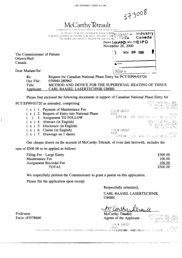 Canadian Patent Document 2333617. Assignment 20001128. Image 1 of 6