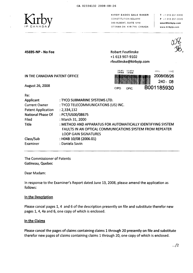 Document de brevet canadien 2334132. Poursuite-Amendment 20080826. Image 1 de 16