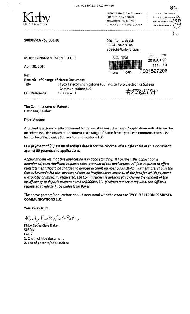 Document de brevet canadien 2334132. Cession 20100420. Image 1 de 8