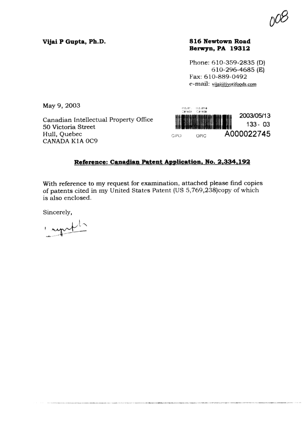 Canadian Patent Document 2334192. Prosecution-Amendment 20021213. Image 1 of 2