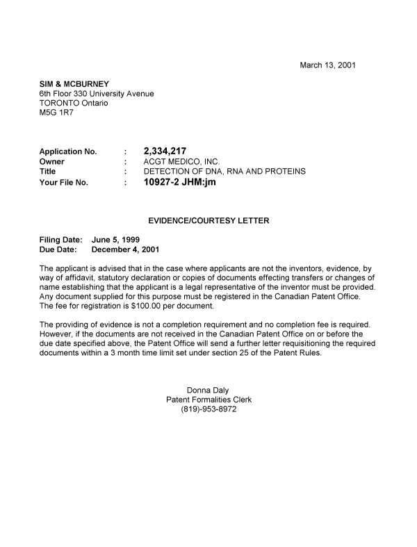 Document de brevet canadien 2334217. Correspondance 20010307. Image 1 de 1