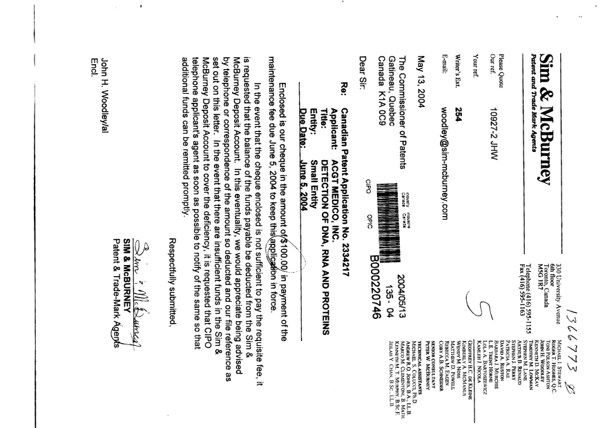 Canadian Patent Document 2334217. Fees 20040513. Image 1 of 1