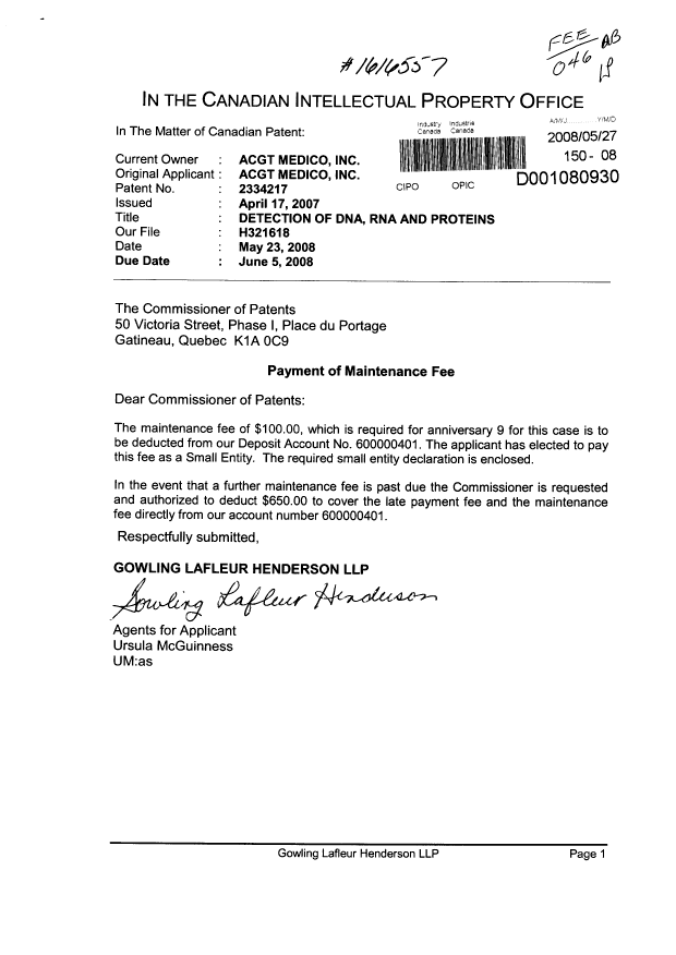 Document de brevet canadien 2334217. Correspondance 20080527. Image 1 de 2