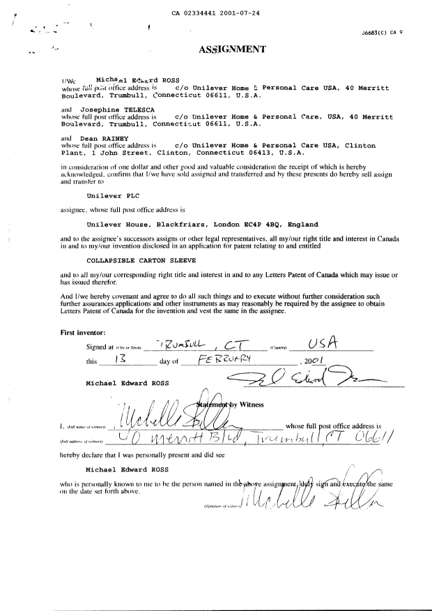 Canadian Patent Document 2334441. Assignment 20010724. Image 2 of 3