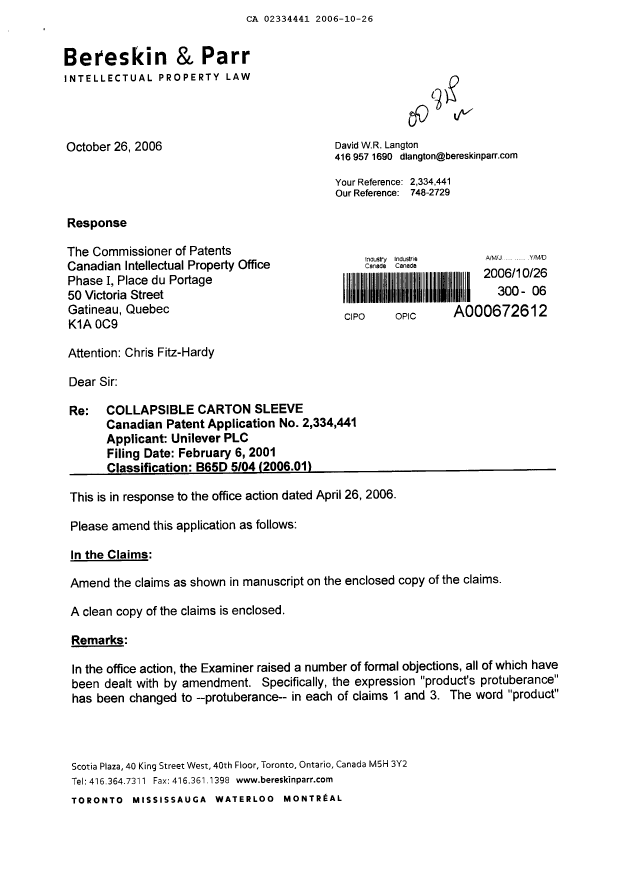 Document de brevet canadien 2334441. Poursuite-Amendment 20061026. Image 1 de 7