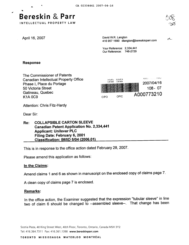 Canadian Patent Document 2334441. Prosecution-Amendment 20070416. Image 1 of 4
