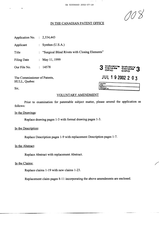 Document de brevet canadien 2334443. Poursuite-Amendment 20020719. Image 1 de 17