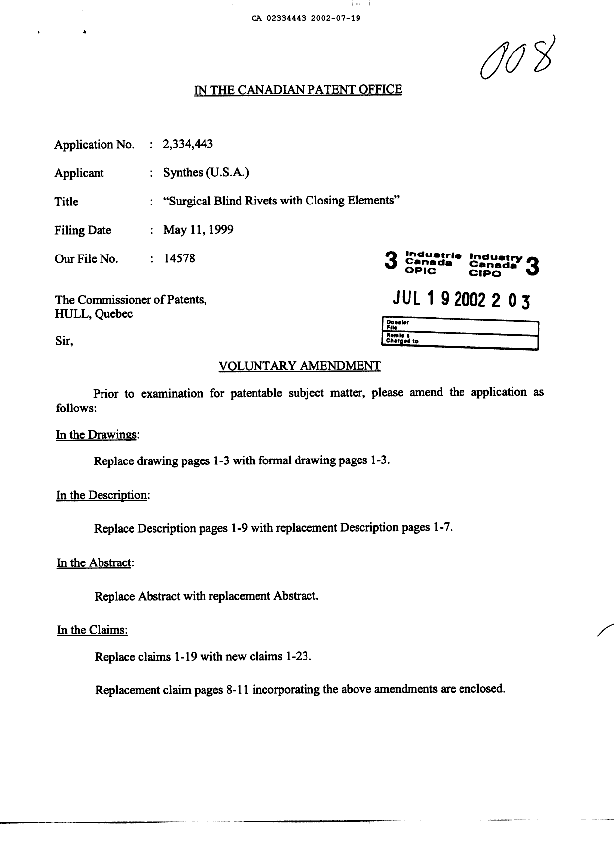 Document de brevet canadien 2334443. Poursuite-Amendment 20020719. Image 1 de 17