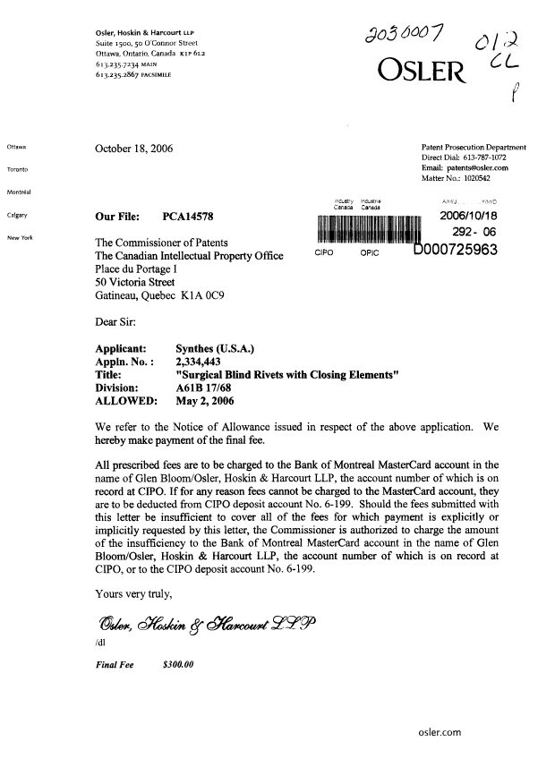 Canadian Patent Document 2334443. Correspondence 20051218. Image 1 of 1