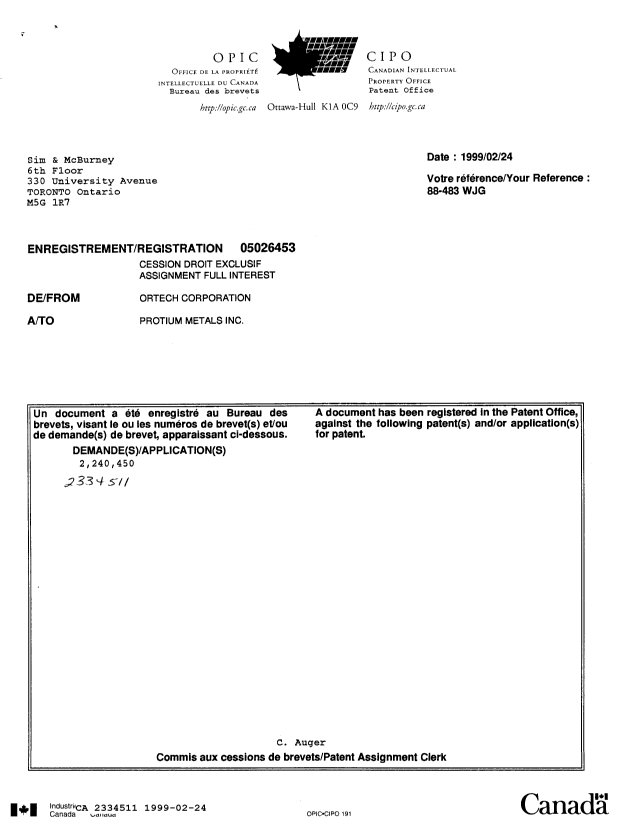 Canadian Patent Document 2334511. Assignment 19981224. Image 1 of 3