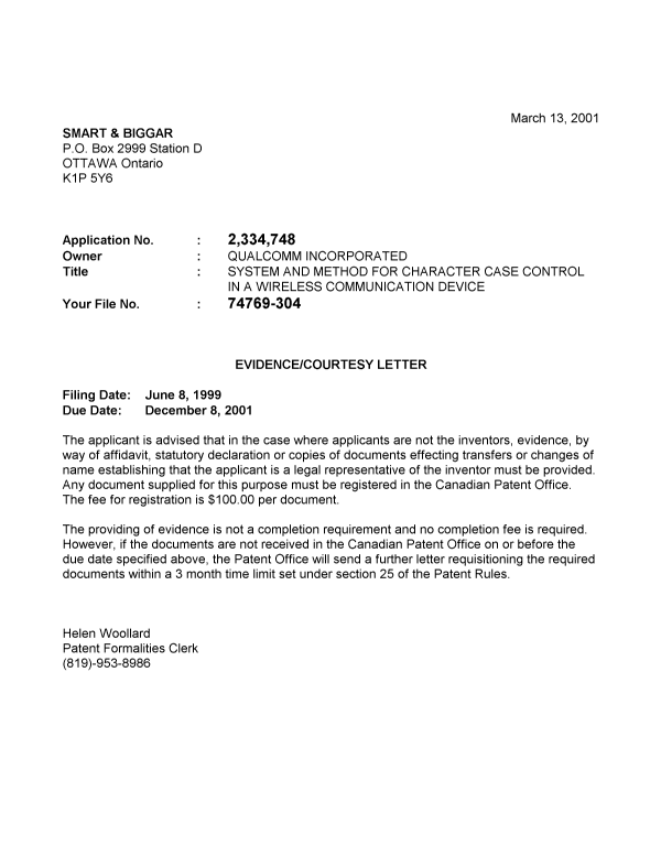 Document de brevet canadien 2334748. Correspondance 20010309. Image 1 de 1