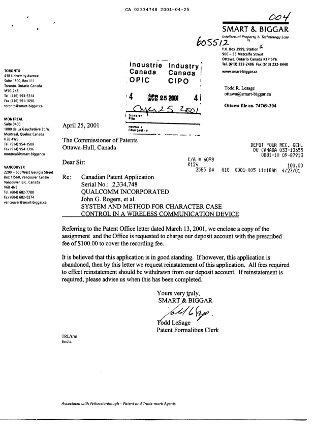 Document de brevet canadien 2334748. Cession 20010425. Image 1 de 6