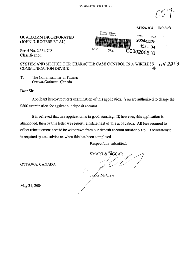 Document de brevet canadien 2334748. Poursuite-Amendment 20040531. Image 1 de 1