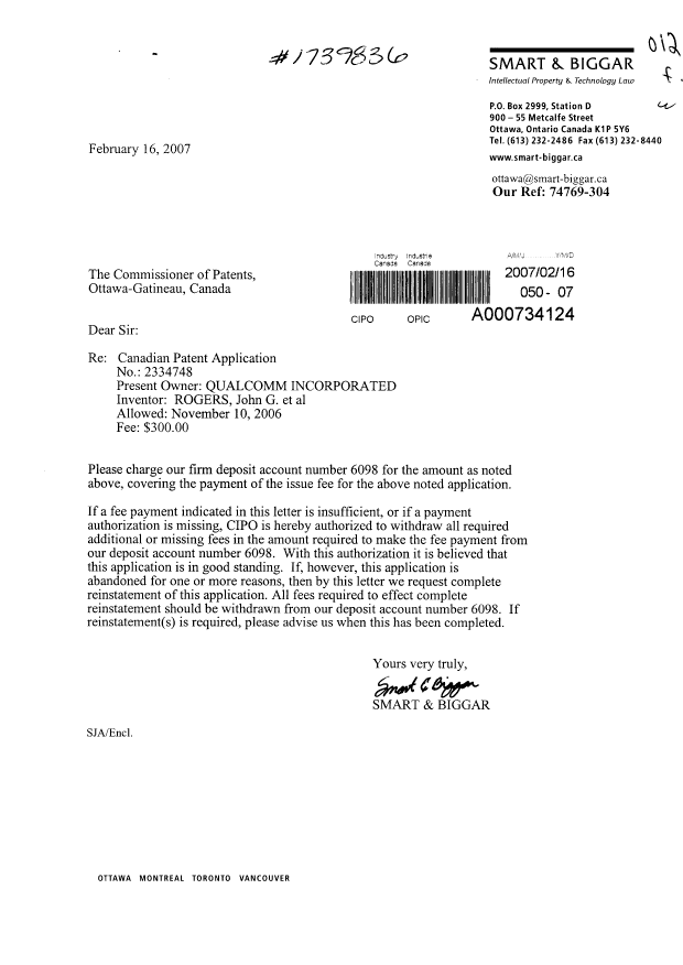 Document de brevet canadien 2334748. Correspondance 20070216. Image 1 de 1