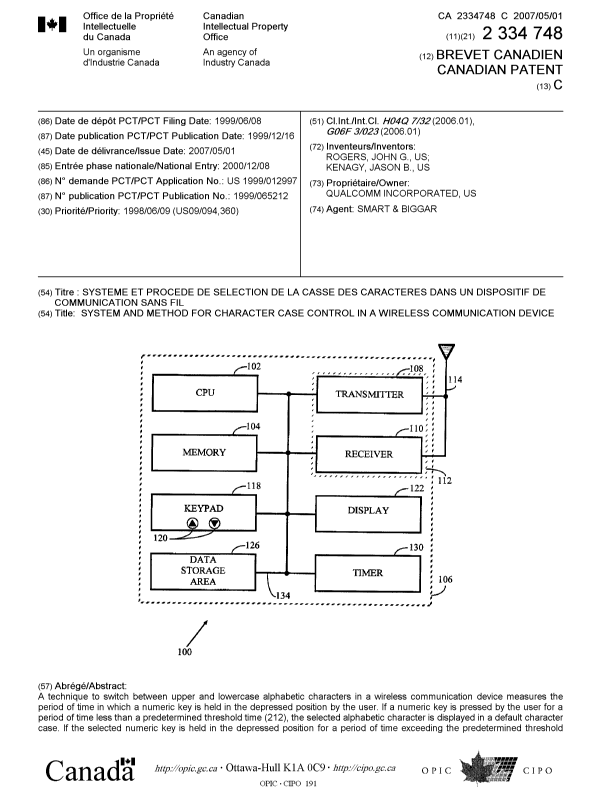 Document de brevet canadien 2334748. Page couverture 20070412. Image 1 de 2