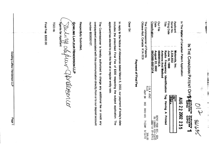 Canadian Patent Document 2334832. Correspondence 20020822. Image 1 of 1
