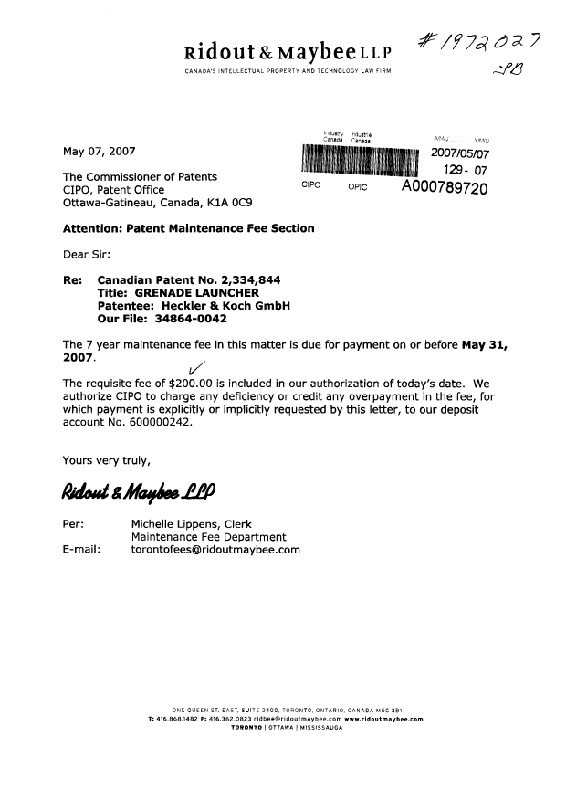 Canadian Patent Document 2334844. Fees 20070507. Image 1 of 1