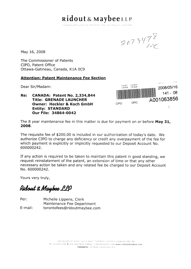 Canadian Patent Document 2334844. Fees 20080516. Image 1 of 1