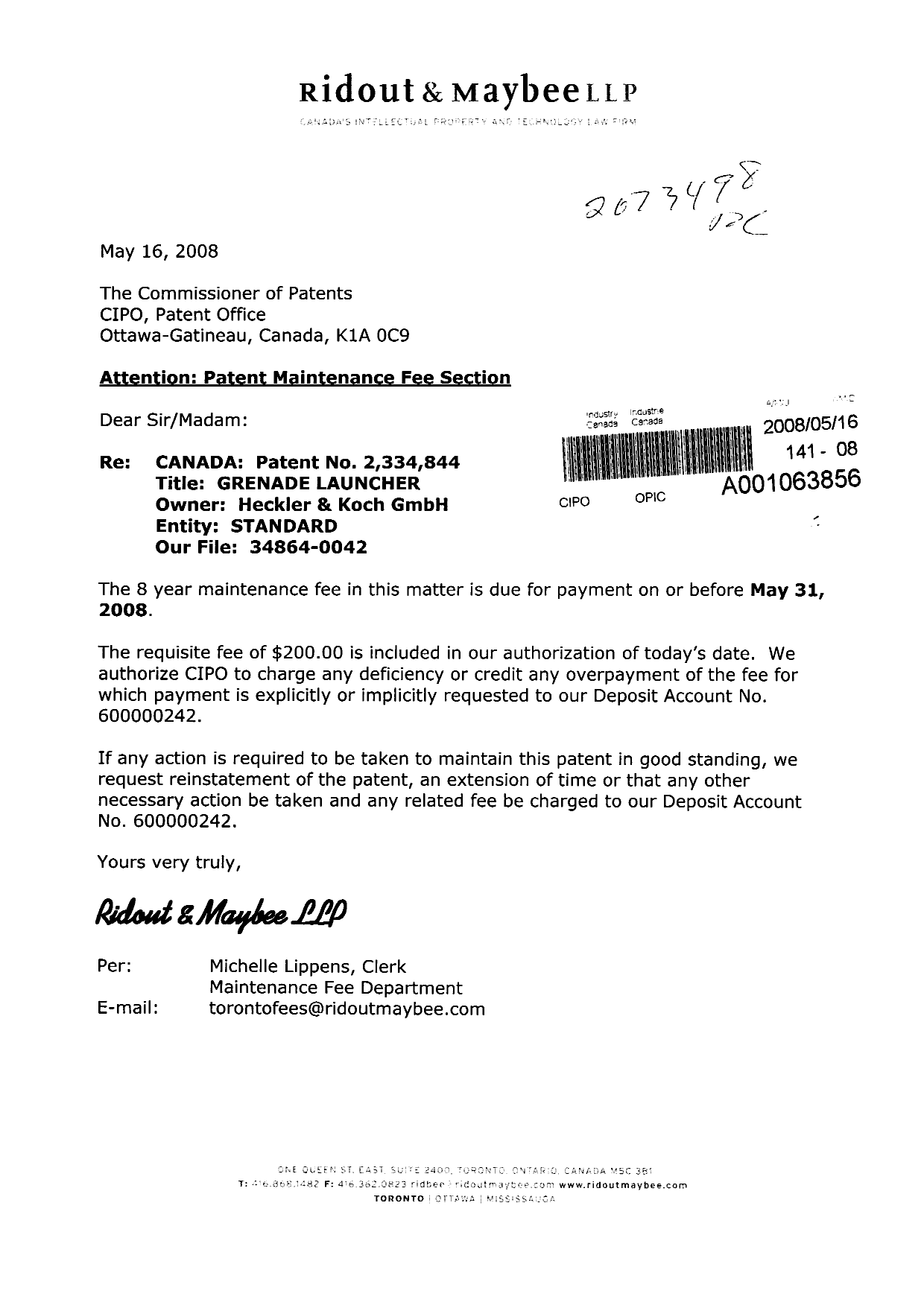 Canadian Patent Document 2334844. Fees 20080516. Image 1 of 1