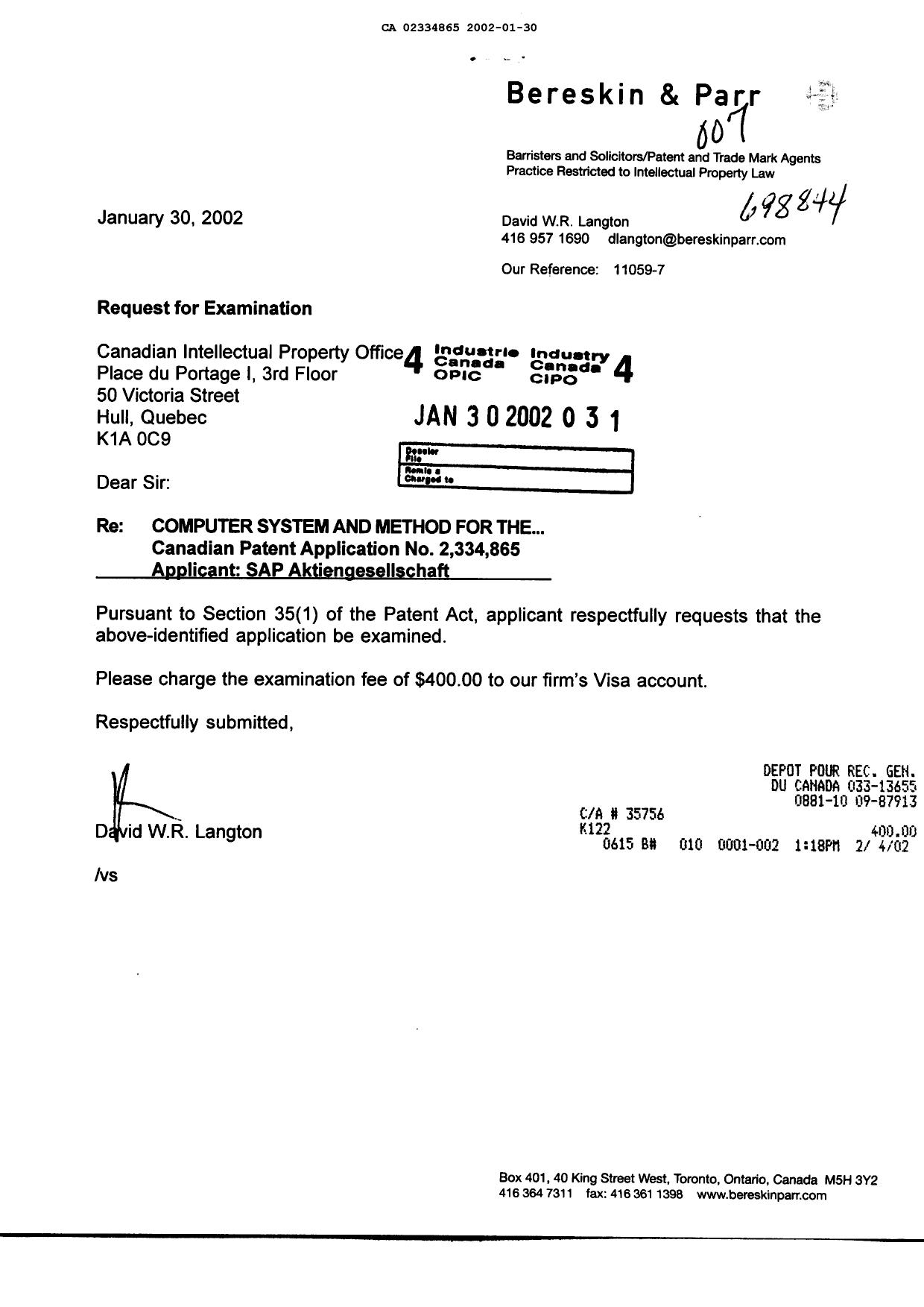 Document de brevet canadien 2334865. Poursuite-Amendment 20011230. Image 1 de 1