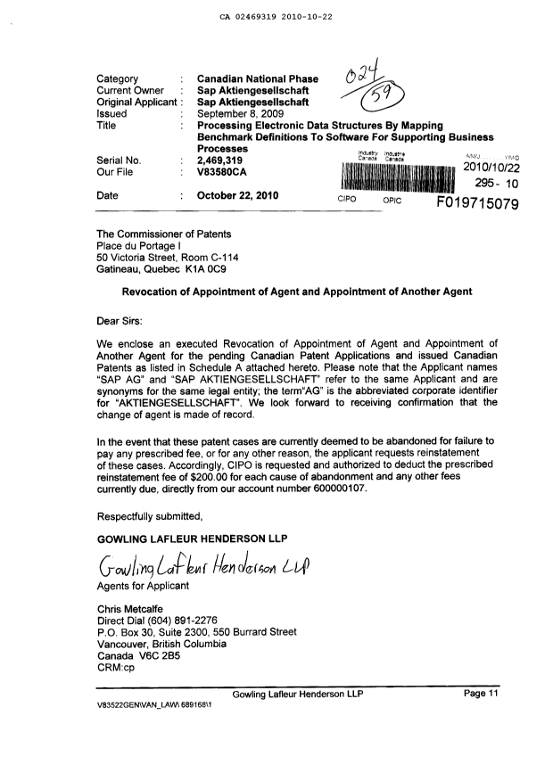 Canadian Patent Document 2334865. Correspondence 20091222. Image 1 of 17