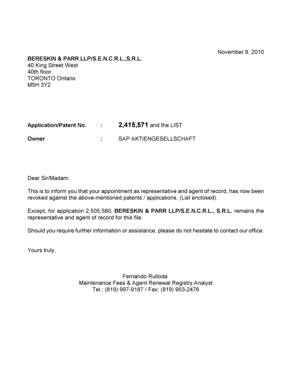 Document de brevet canadien 2334865. Correspondance 20101109. Image 1 de 1