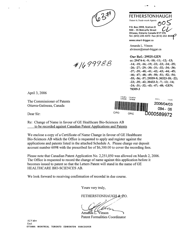 Document de brevet canadien 2334980. Cession 20060403. Image 1 de 7