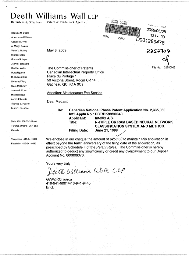 Document de brevet canadien 2335060. Taxes 20090508. Image 1 de 1